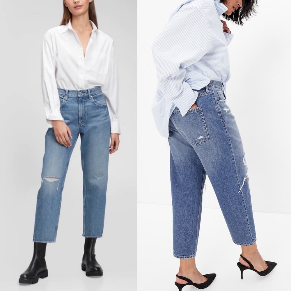 GAP High Waisted Barrel Jeans Lightly Distressed Wide Tapered Leg Relaxed Retro